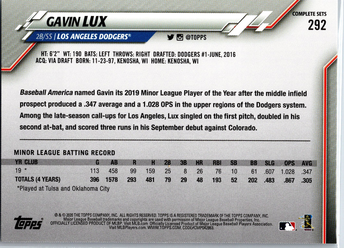 2020 Topps #292 Gavin Lux Factory Set Bonus: Rookie Image Variation