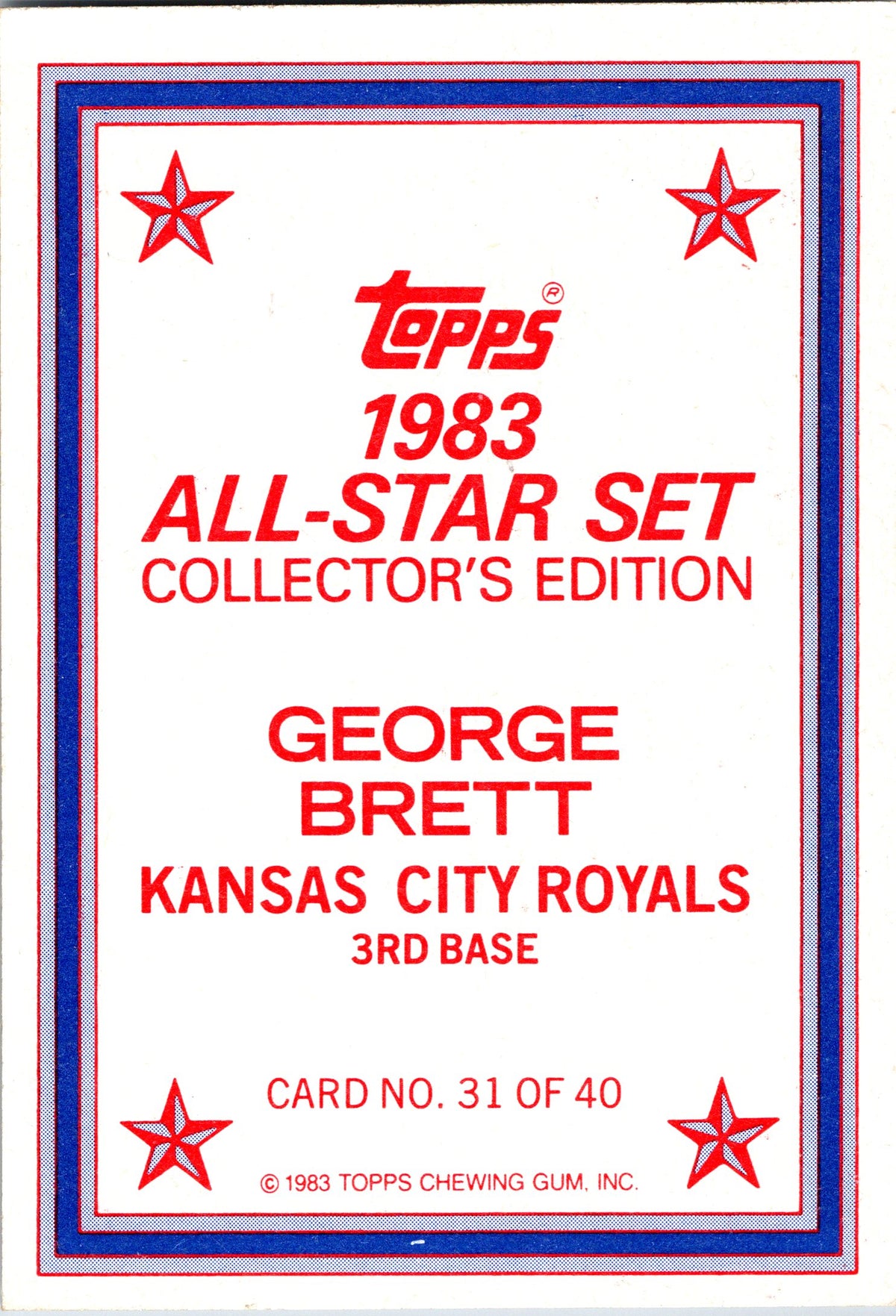 1983 Topps #31 George Brett 1983 All-Star Set Collector's Edition (Glossy)