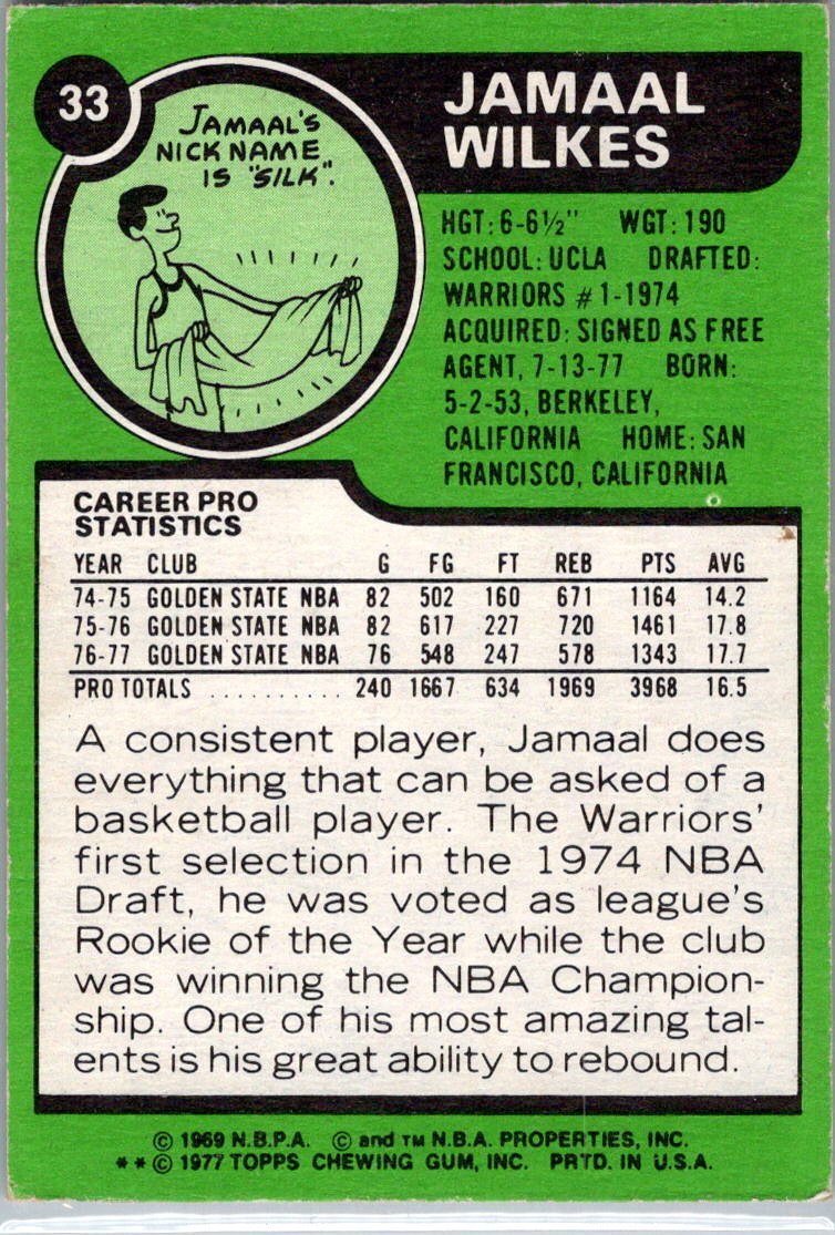 1977-78 Topps #33 Jamaal Wilkes White Backs