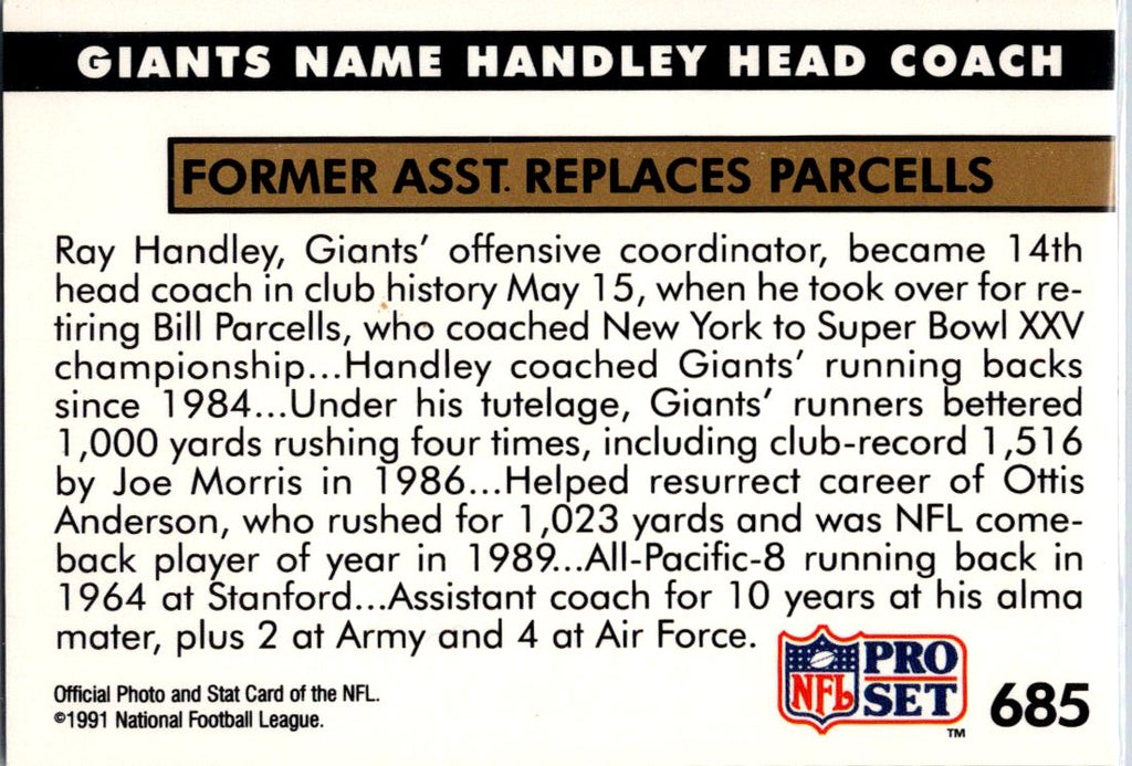 1991 Pro Set #685 Giants Name Handley Head Coach