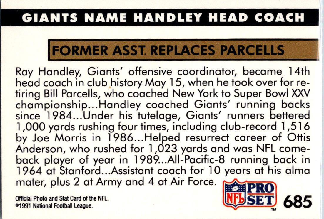 1991 Pro Set #685 Giants Name Handley Head Coach