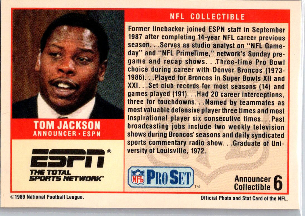 1989 Pro Set #6 Tom Jackson Announcer Collectibles