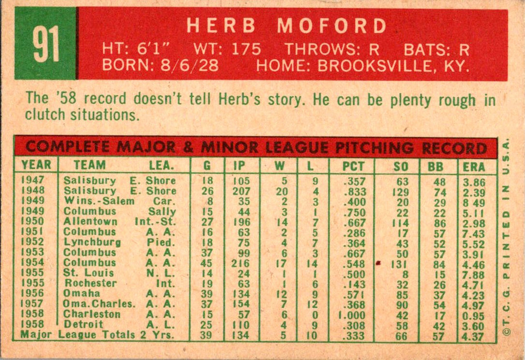 1959 Topps #91 Herb Moford