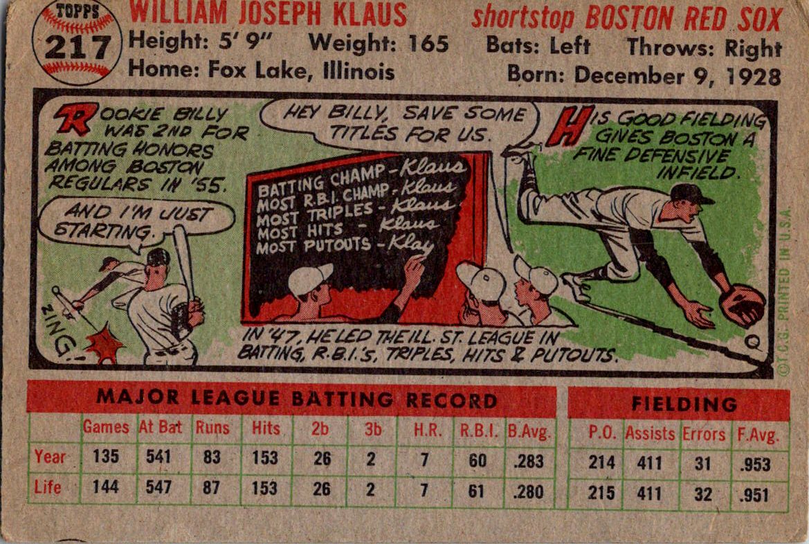 1956 Topps #217 Billy Klaus