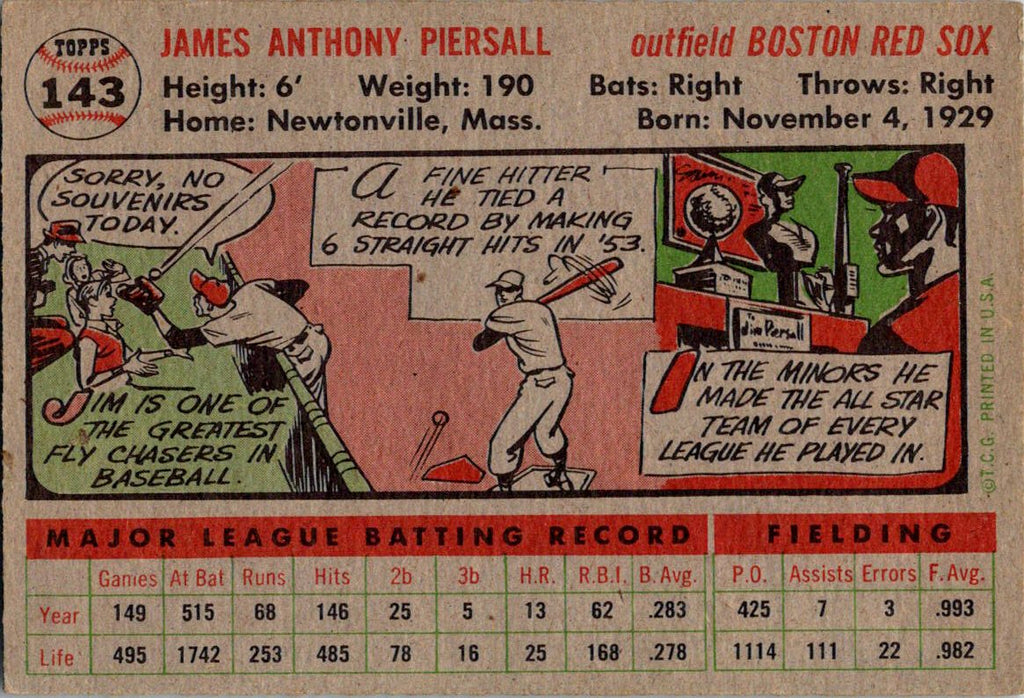 1956 Topps #143b Jim Piersall : White Back
