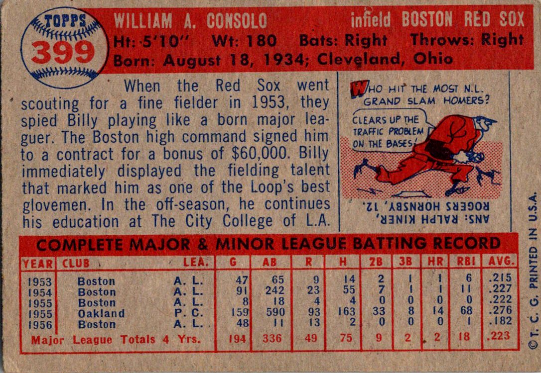 1957 Topps #399 Billy Consolo