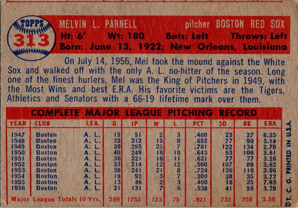 1957 Topps #313 Mel Parnell