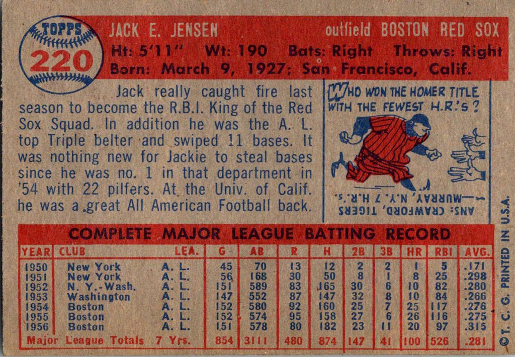 1957 Topps #220 Jackie Jensen
