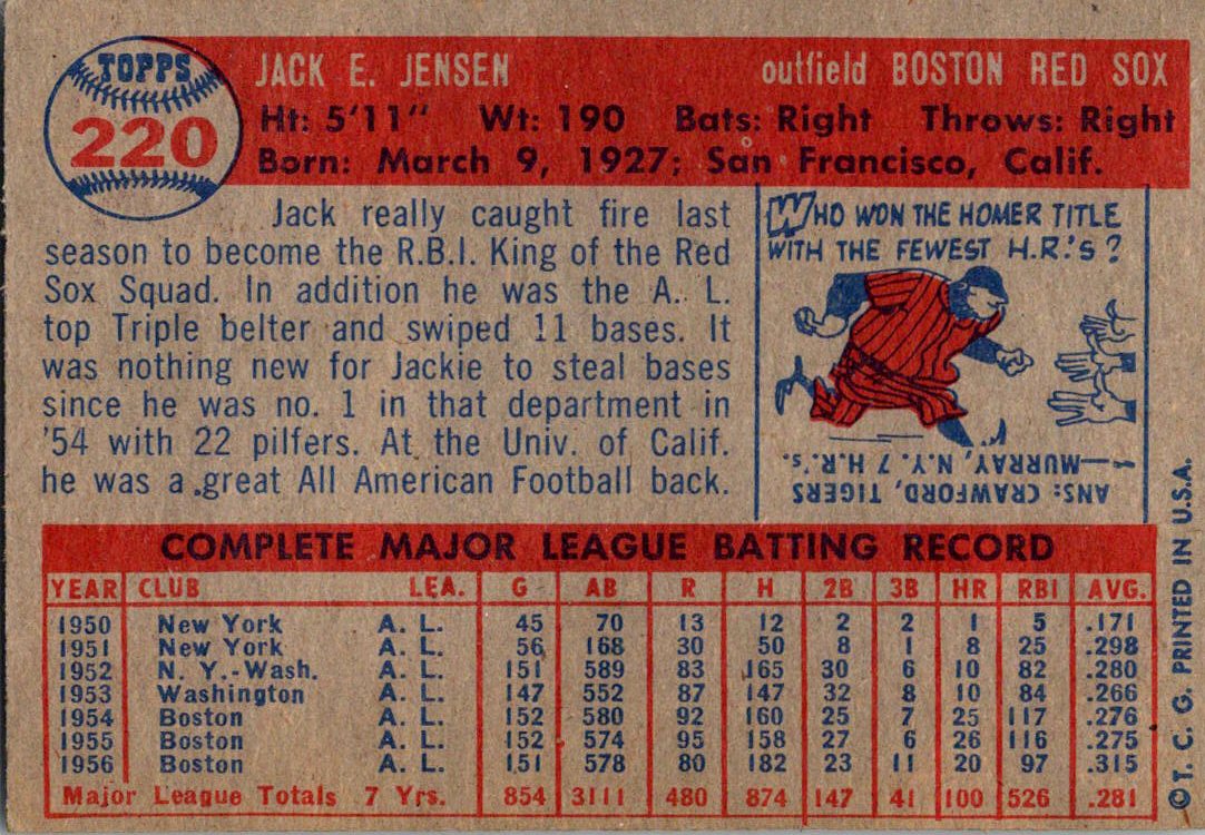 1957 Topps #220 Jackie Jensen