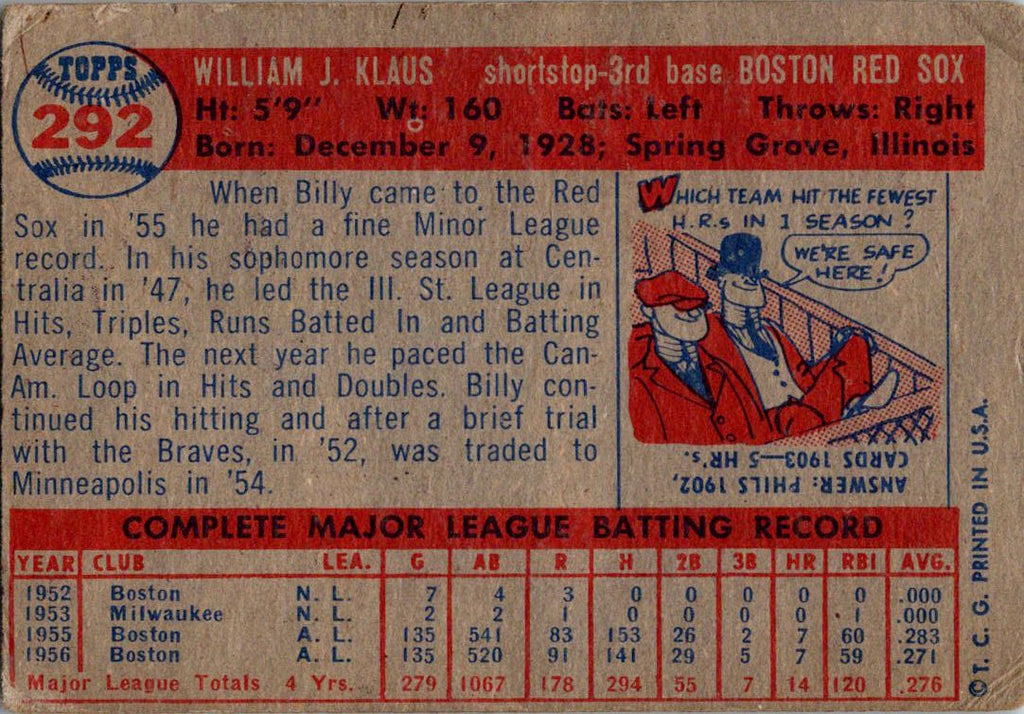 1957 Topps #292 Billy Klaus