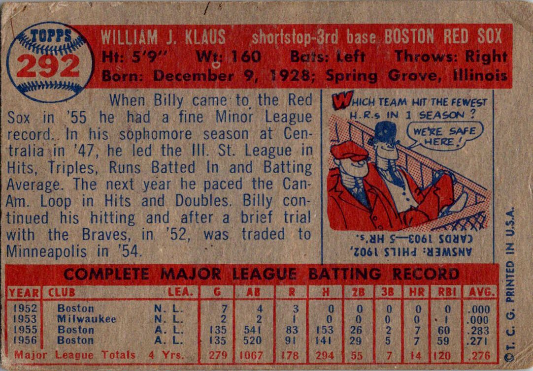 1957 Topps #292 Billy Klaus