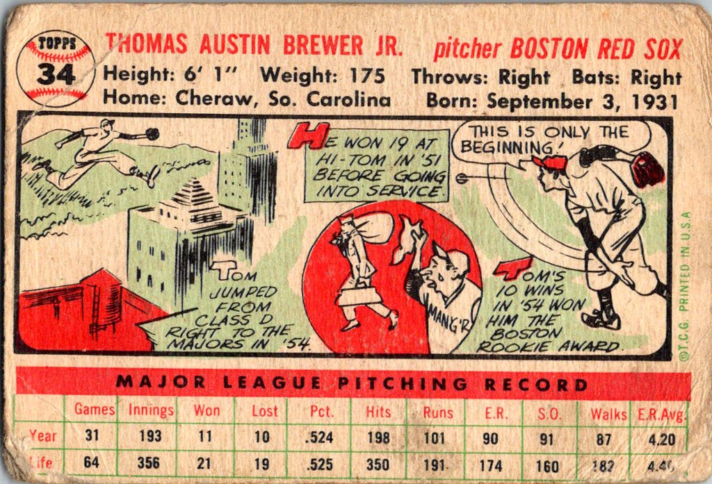 1956 Topps #34a Tom Brewer : White Back