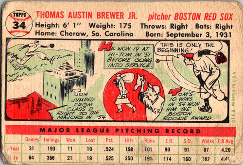1956 Topps #34a Tom Brewer : White Back