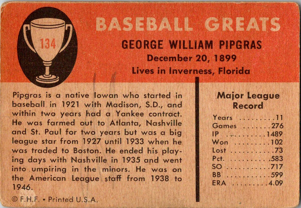 1961 Fleer Baseball Greats (F418-3) #134 George Pipgras