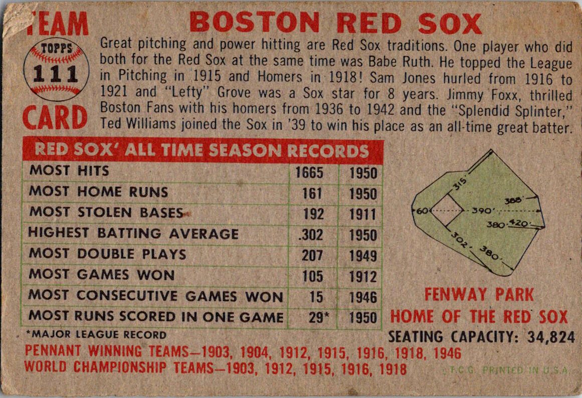 1956 Topps #111b Boston Red Sox : White Back