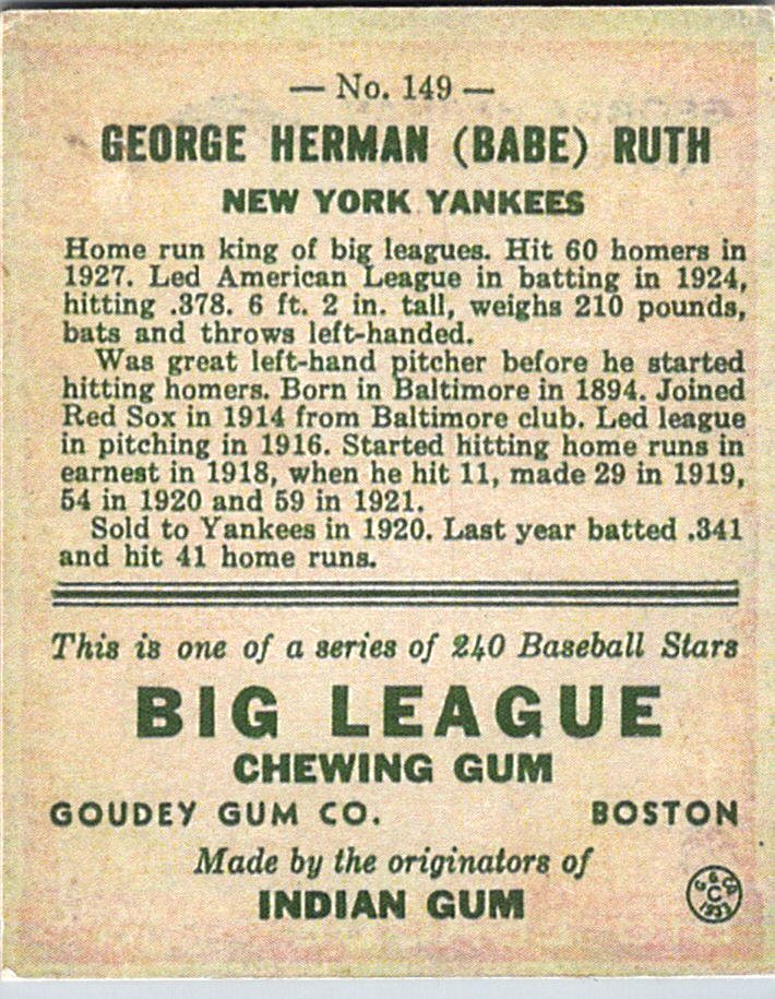 1933 Goudey (R319) #149 George Herman “Babe” Ruth