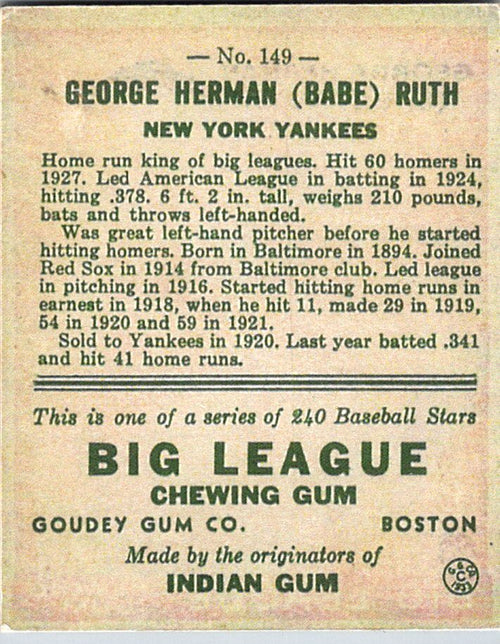 1933 Goudey (R319) #149 George Herman “Babe” Ruth