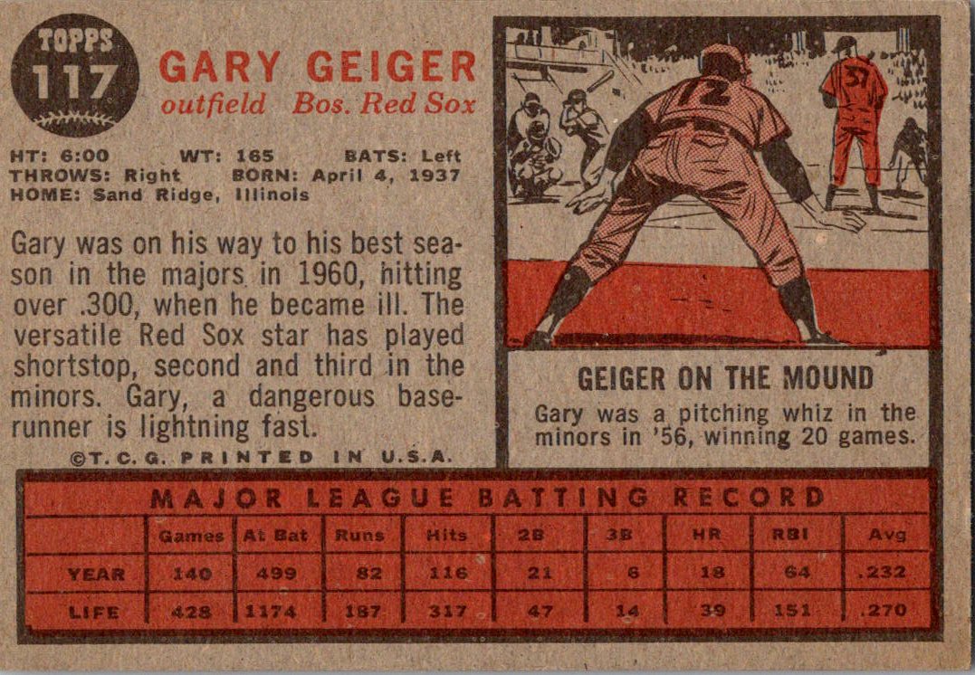 1962 Topps #117b Gary Geiger : Green Tint