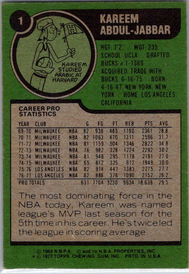 1977-78 Topps #1 Kareem Abdul-Jabbar