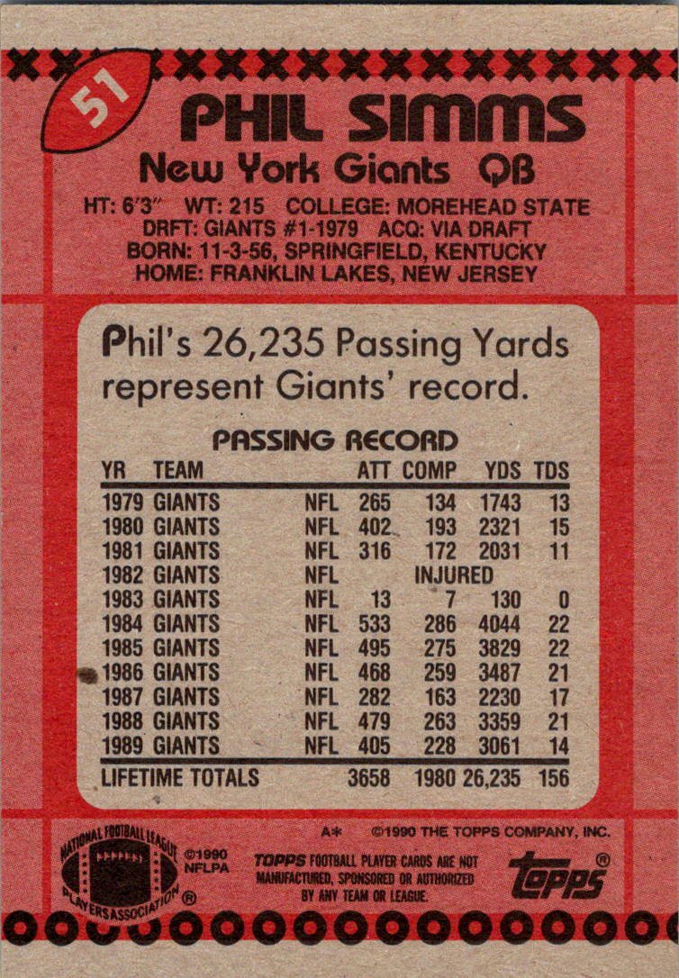 1990 Topps #51b Phil Simms