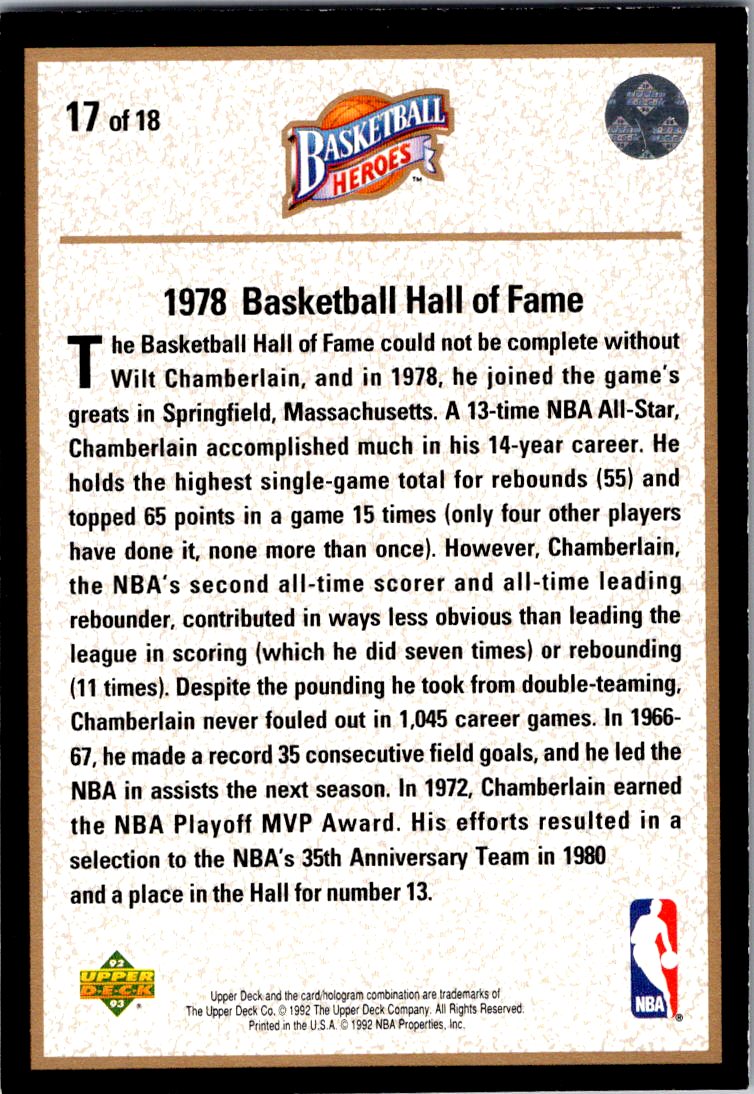 1992-93 Upper Deck #17 Wilt Chamberlain Basketball Heroes: Wilt Chamberlain