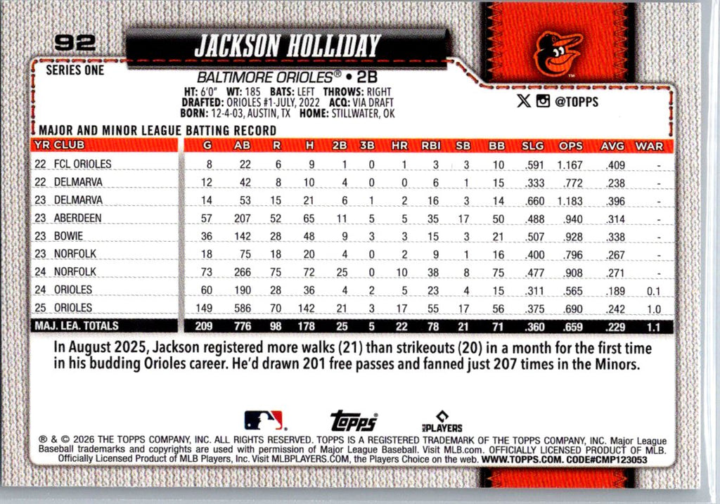 2026 Topps #92 Jackson Holliday Silver Crackle Foil