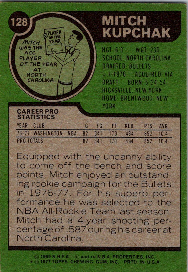 1977-78 Topps #128 Mitch Kupchak White Backs