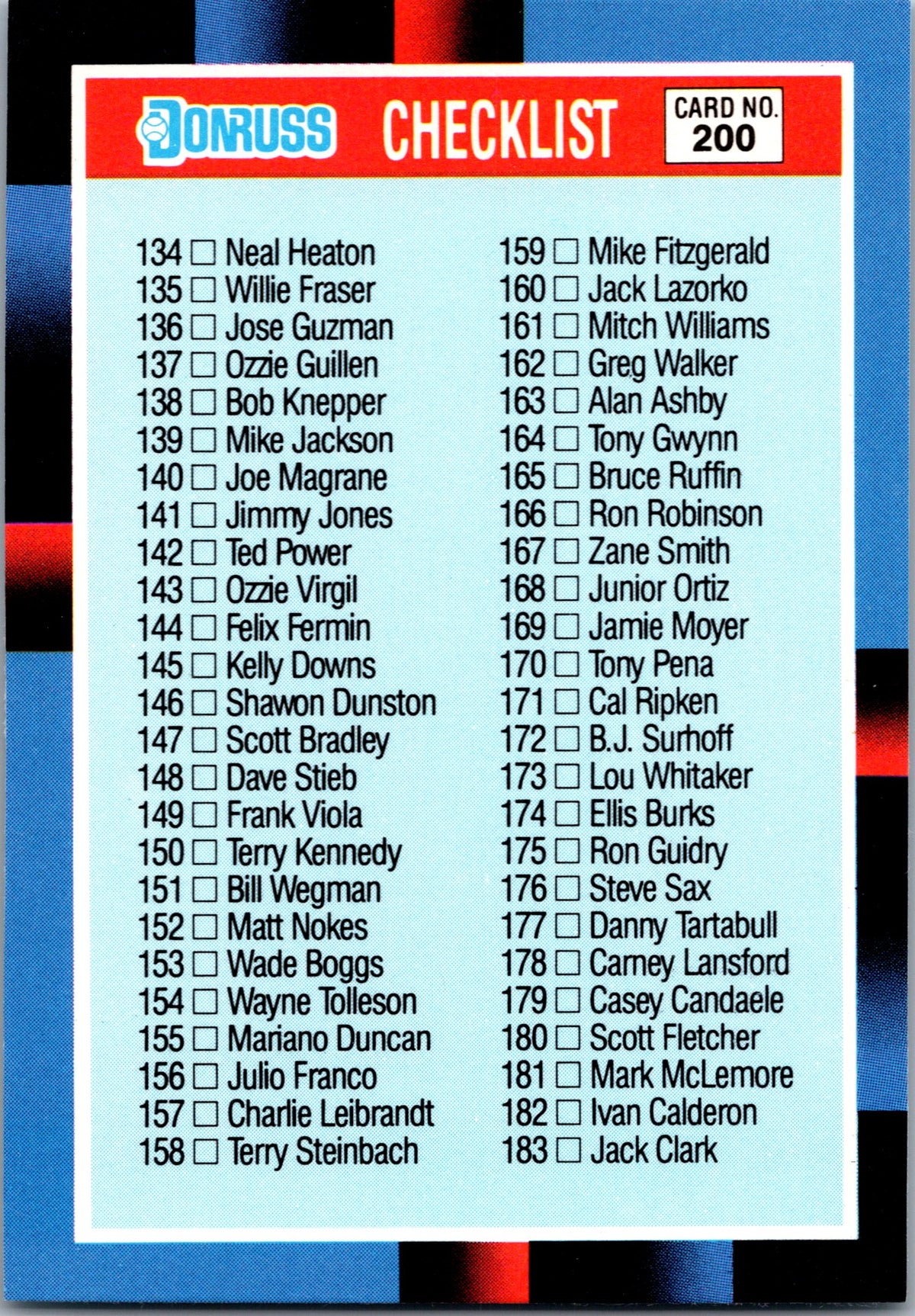 1988 Donruss #200 Checklist: 134-239 Factory set version