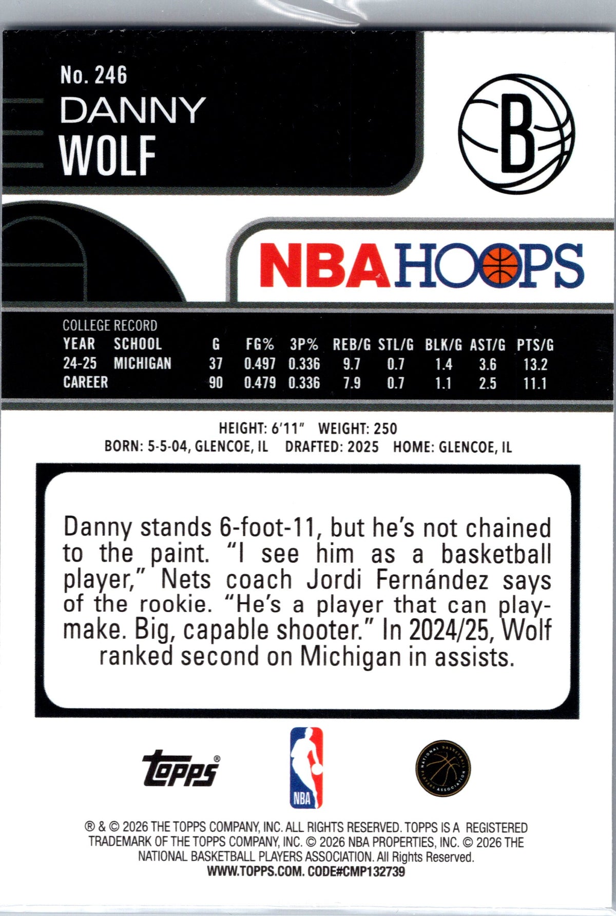 25-26 TOPPS NBA HOOPS DANNY WOLF (RC) #246 RAINBOW BLUE & PURPLE