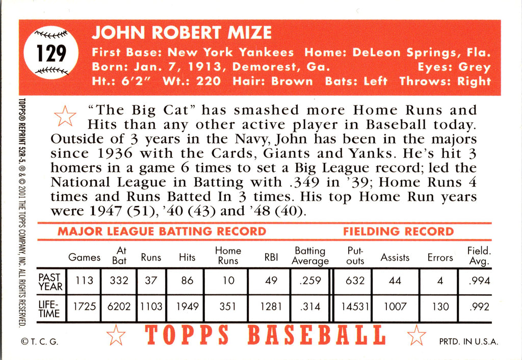 1952 Topps #129 Johnny Mize Gold