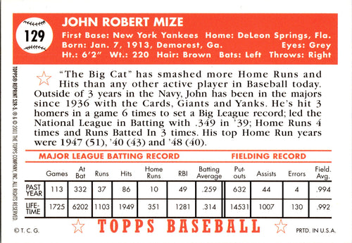 1952 Topps #129 Johnny Mize Gold