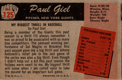 1955 Bowman #125 Paul Giel