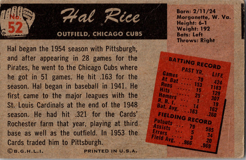1955 Bowman #52 Hal Rice