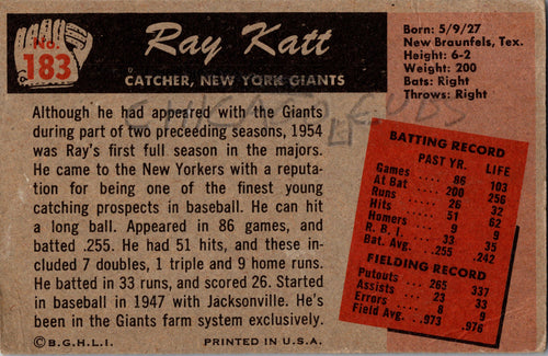1955 Bowman #183 Ray Katt