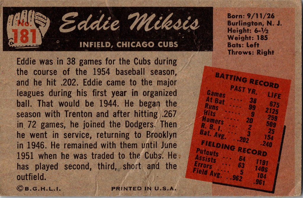 1955 Bowman #181 Eddie Miksis