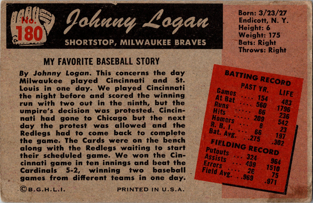 1955 Bowman #180 Johnny Logan
