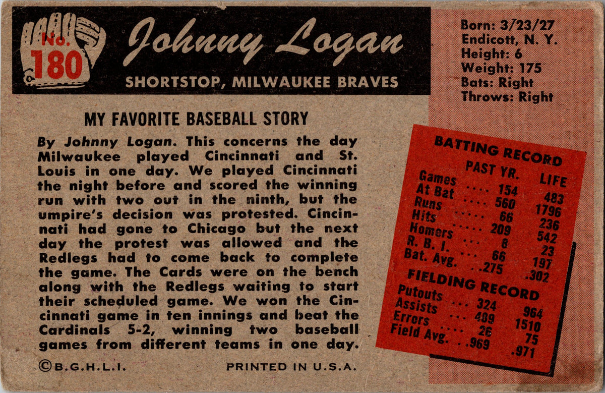 1955 Bowman #180 Johnny Logan