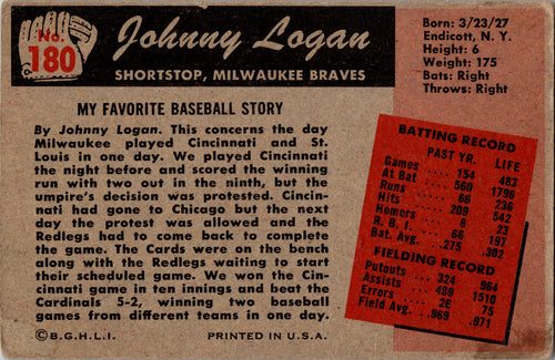1955 Bowman #180 Johnny Logan