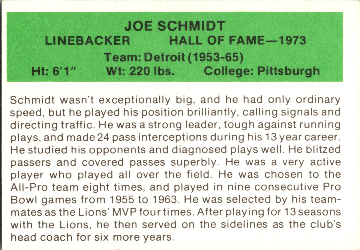 1987 Hygrade Football's All-Time Greats #NNO Joe Schmidt