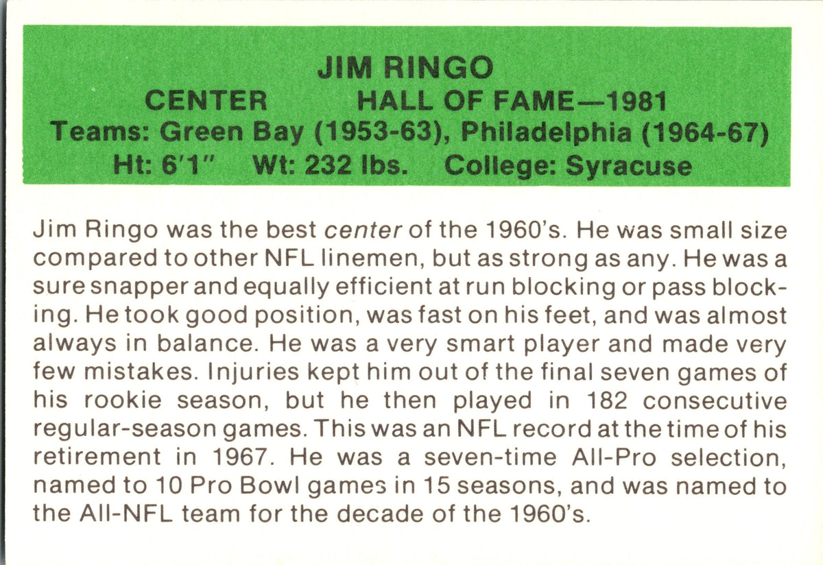 1987 Hygrade Football's All-Time Greats #NNO Jim Ringo