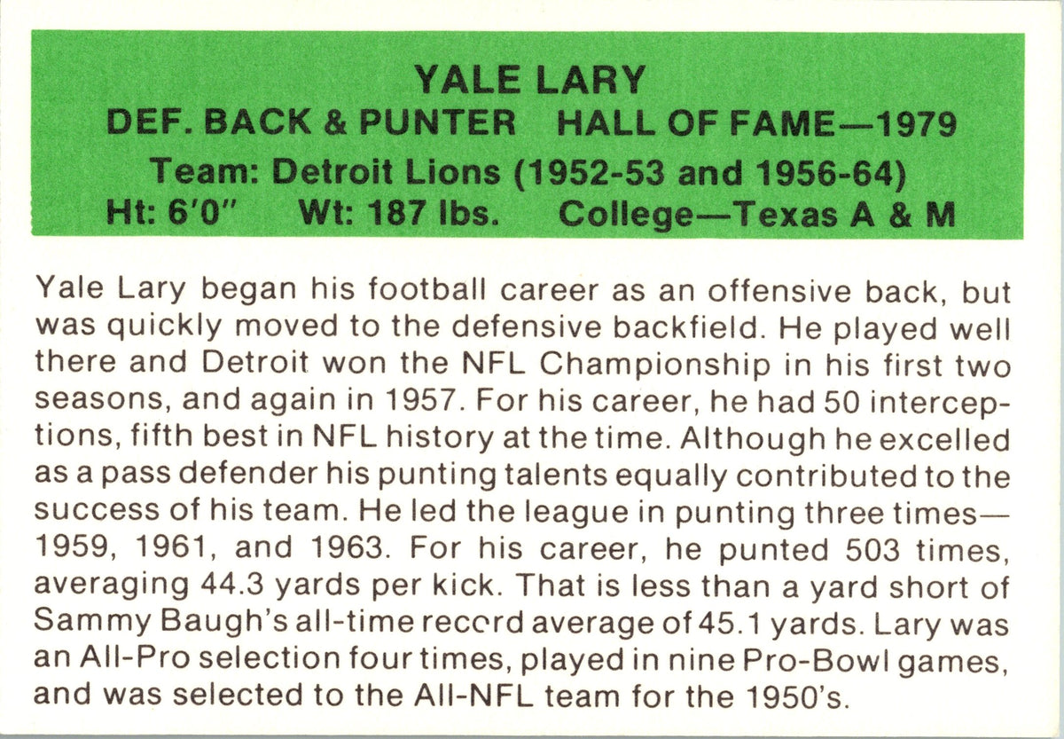 1987 Hygrade Football's All-Time Greats #NNO Yale Lary