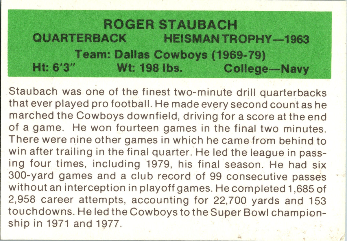 1987 Hygrade Football's All-Time Greats #NNO Roger Staubach