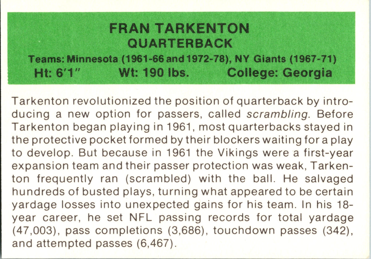 1987 Hygrade Football's All-Time Greats #NNO Fran Tarkenton