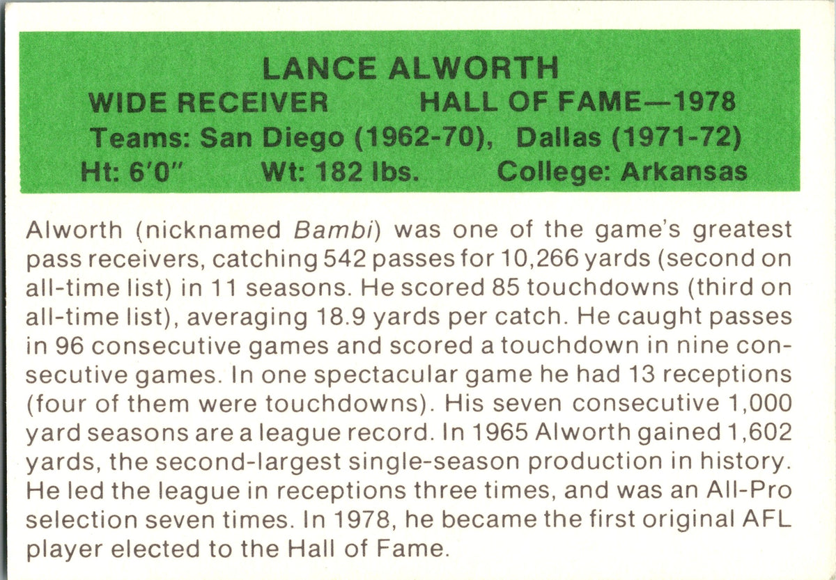 1987 Hygrade Football's All-Time Greats #NNO Lance Alworth