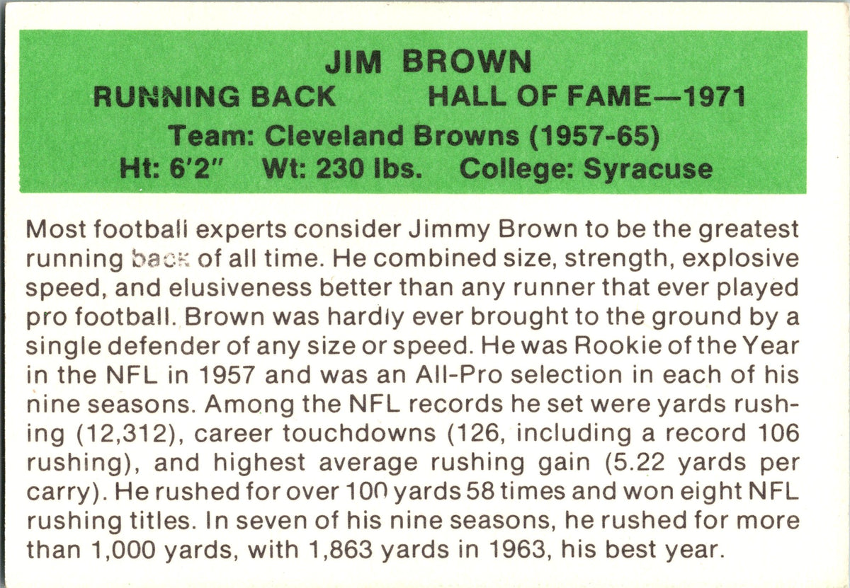1987 Hygrade Football's All-Time Greats #NNO Jim Brown