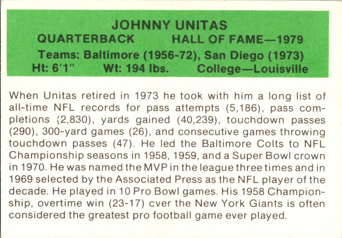 1987 Hygrade Football's All-Time Greats #NNO Johnny Unitas