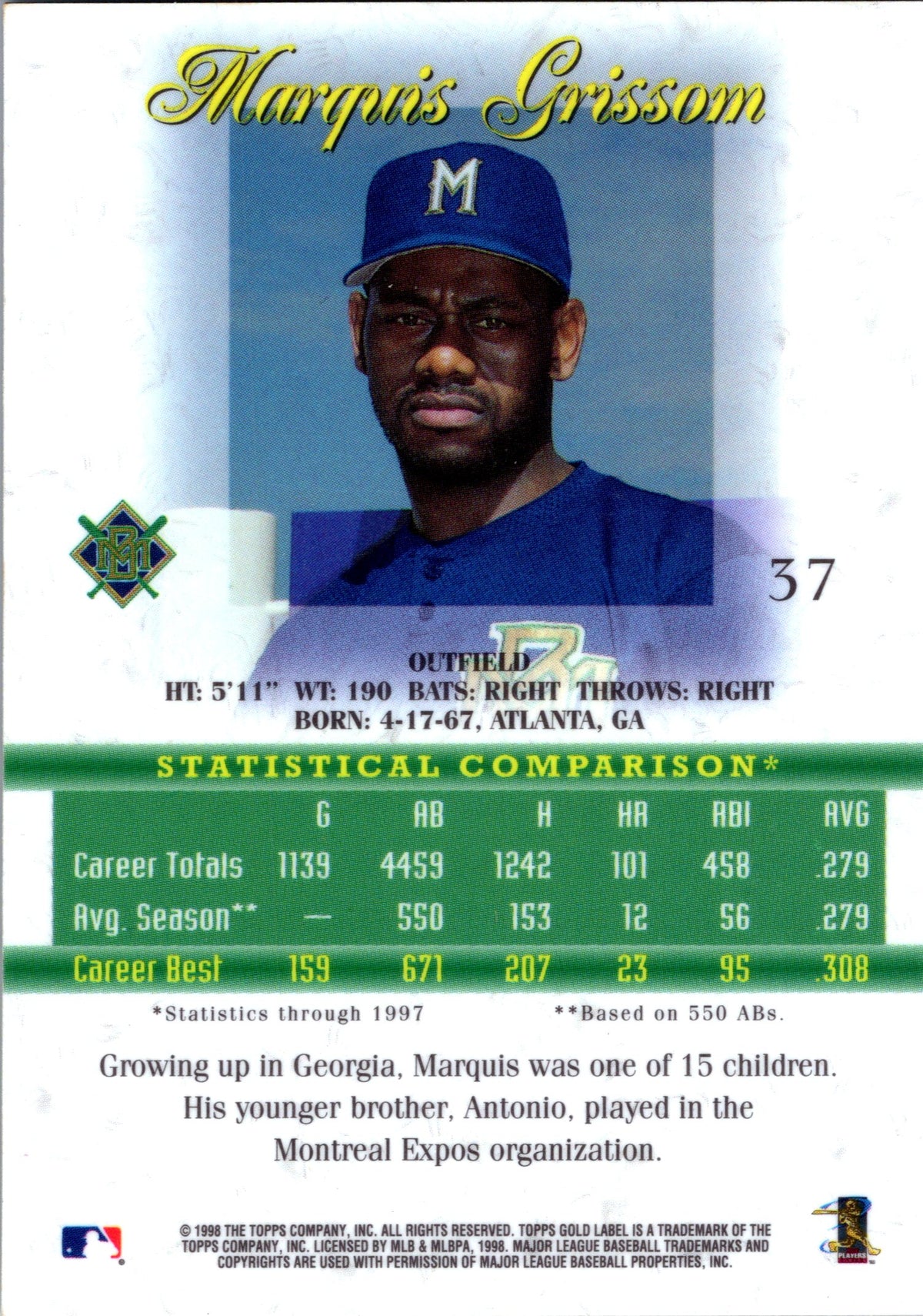 1998 Topps Gold Label #37 Marquis Grissom