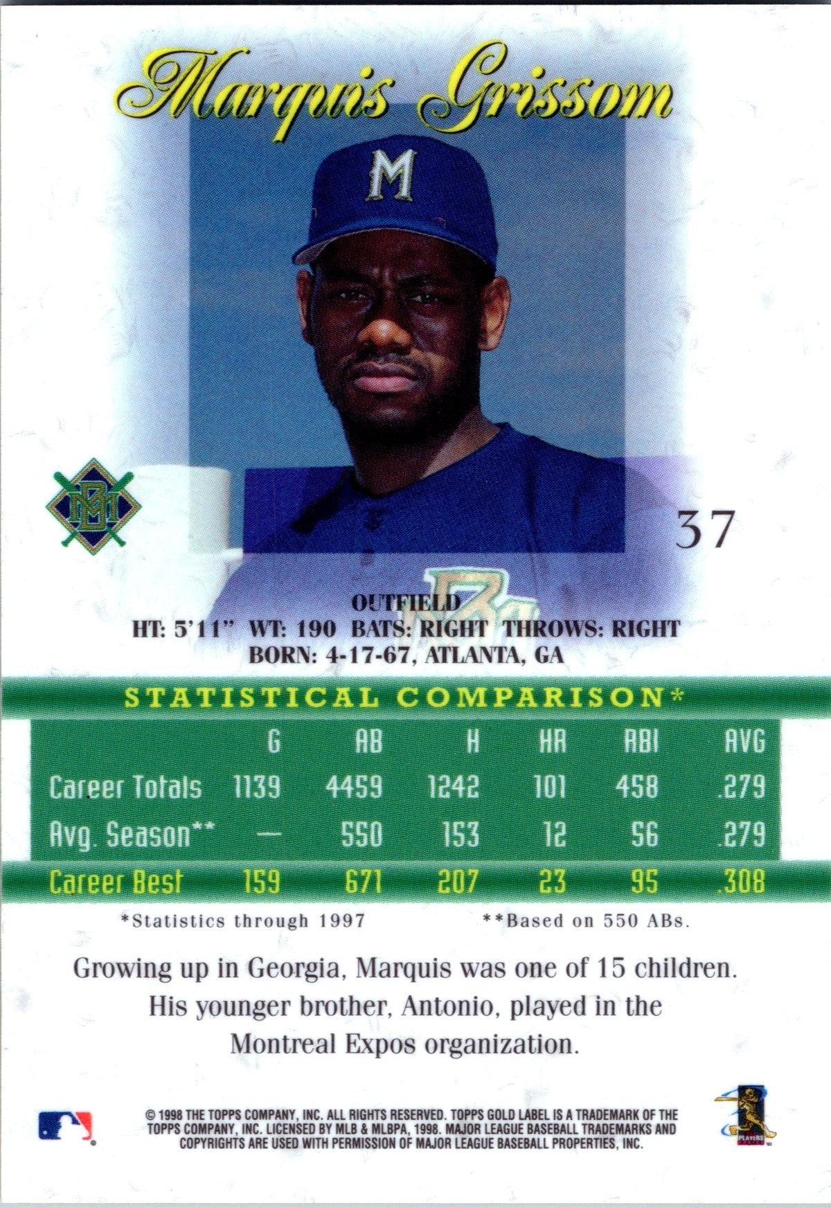 1998 Topps Gold Label #37 Marquis Grissom