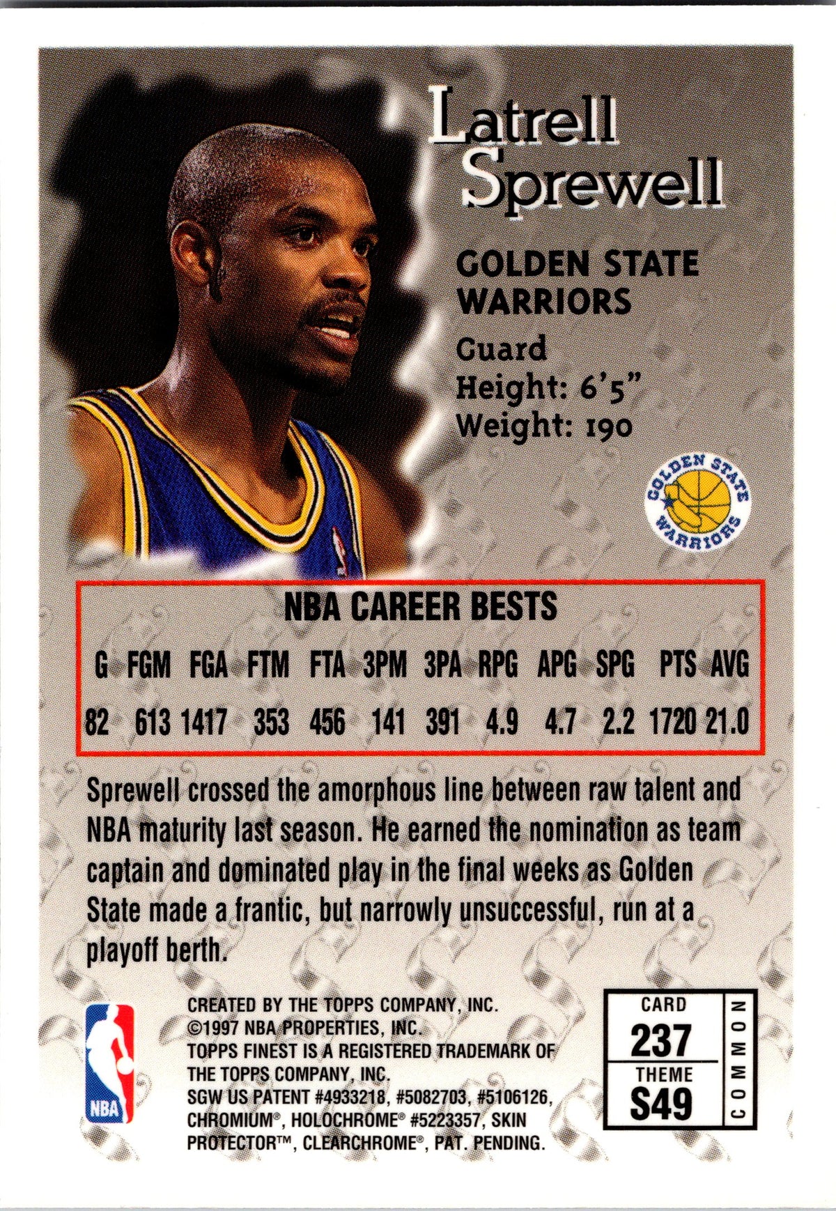 1996-97 Finest #237 Latrell Sprewell Refractors