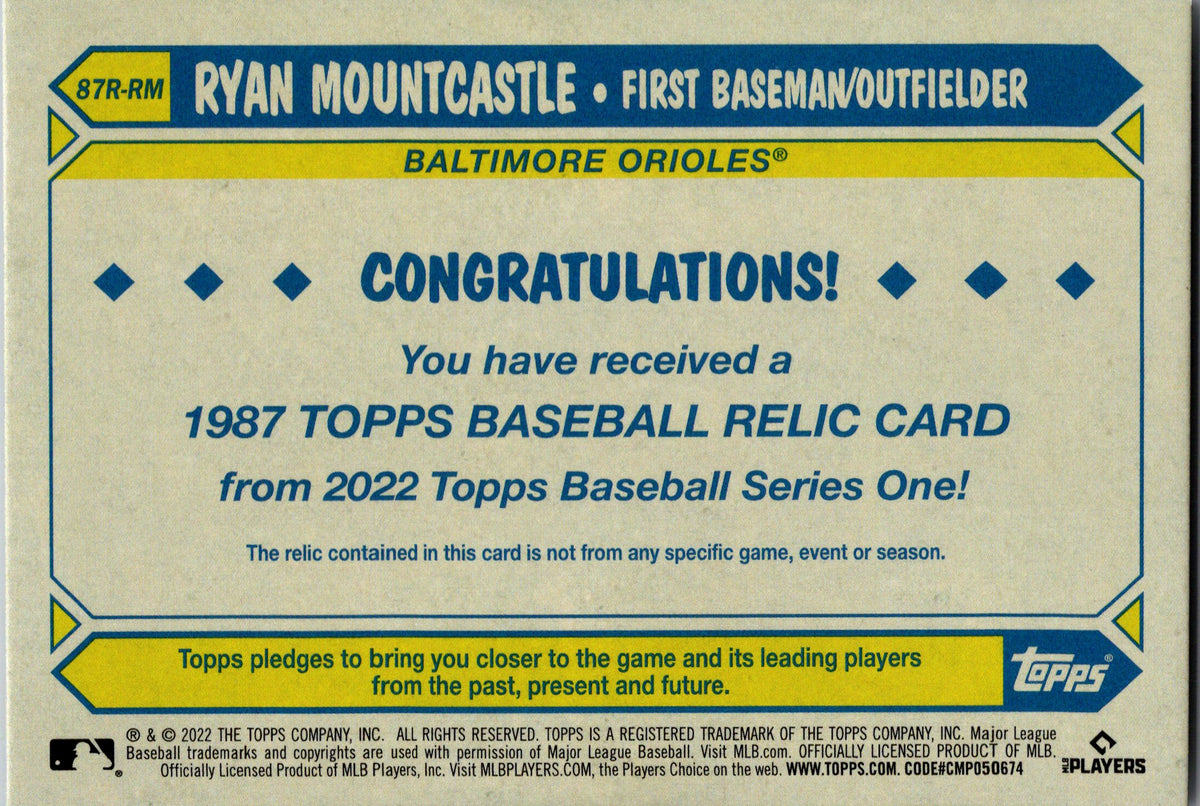 2022 Topps #87R-RMb Ryan Mountcastle 1987 Topps Baseball Relics Bat relic